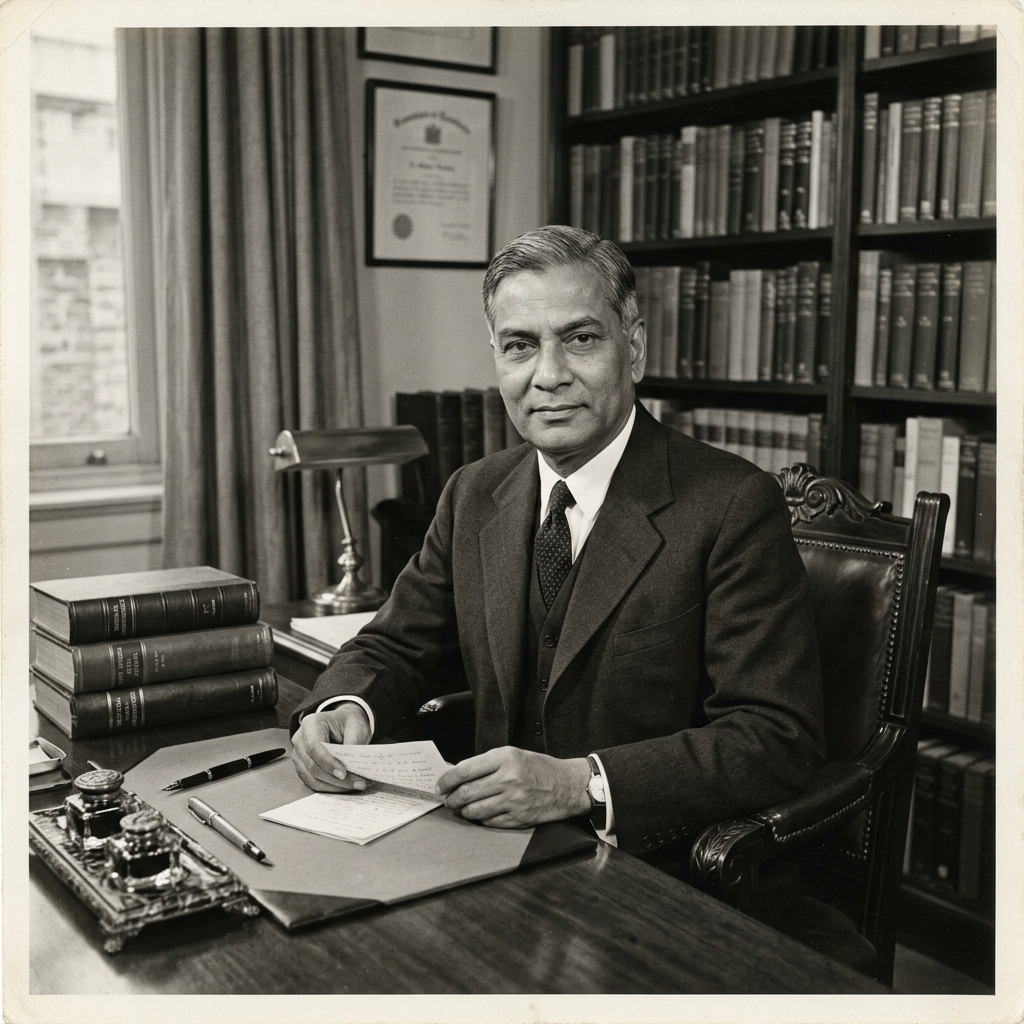 A formal black-and-white portrait of Dr. B.C. Roy at his administrative desk in Calcutta.