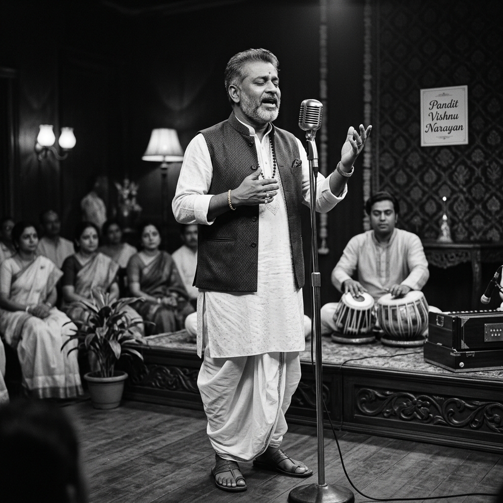 A classical black-and-white performance image showing Hemanta Mukherjee singing into a vintage studio microphone.