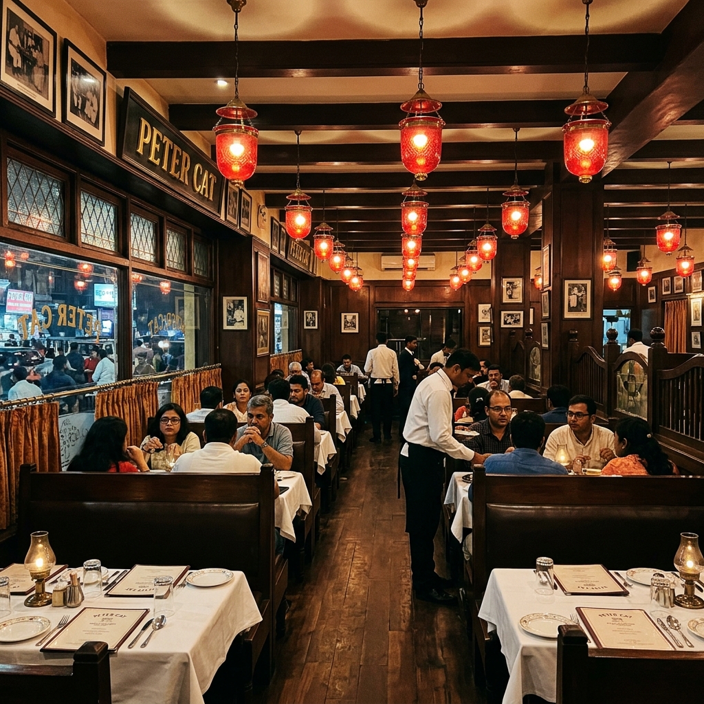 The vintage colonial dining room of Peter Cat, featuring traditional red lanterns and dark-wood booths.