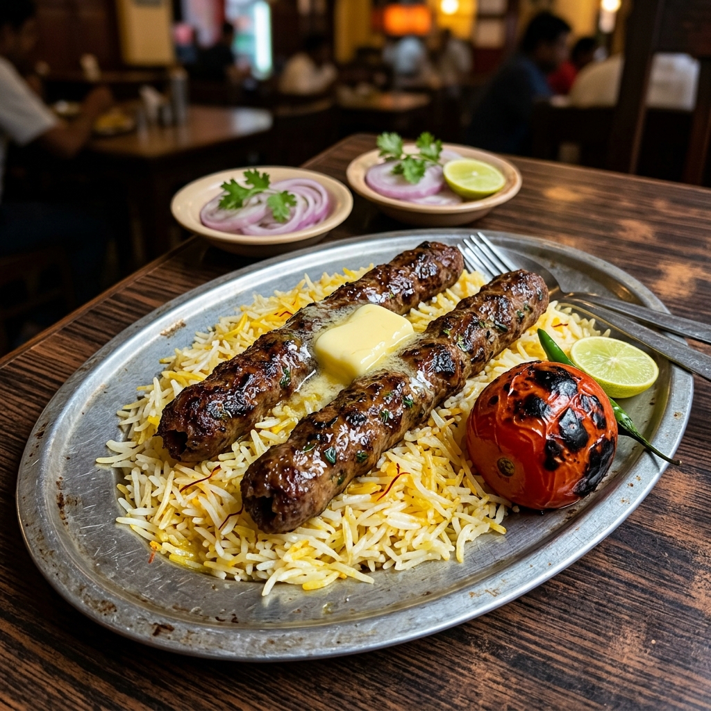 Peter Cat's signature Chelo Kebab: tender seekh and reshmi kebabs served on a bed of saffron-buttered rice with a grilled tomato and fried egg.