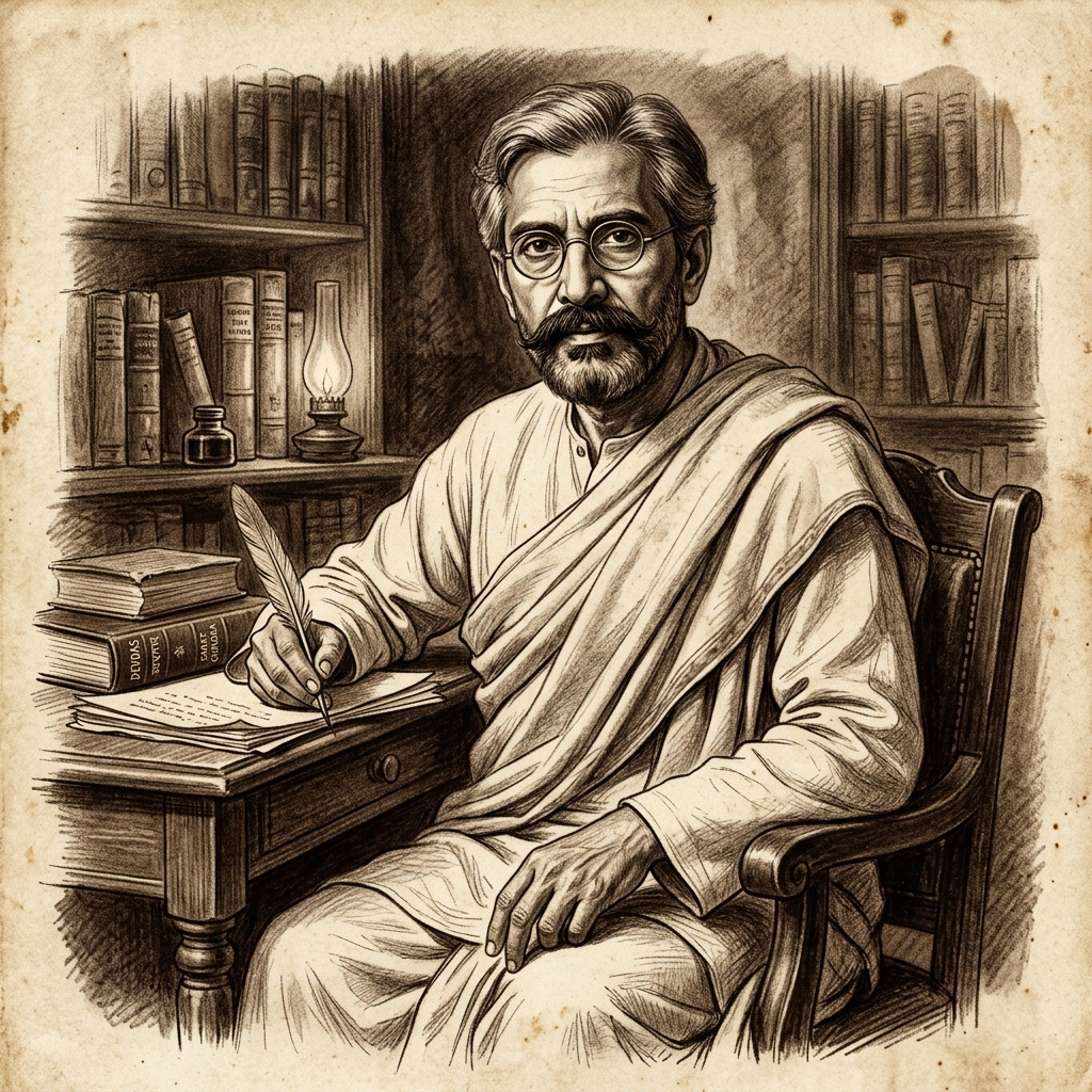 A classical sketch showing the author Sarat Chandra Chattopadhyay at his writing desk, composing historical literature.